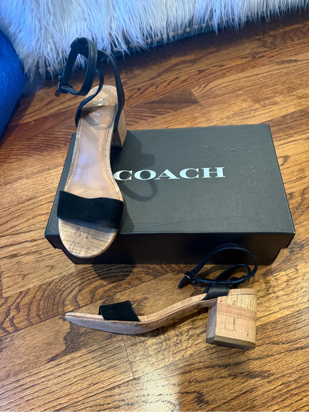 Coach Black Suede Ankle-Strap Cork Block Heel Sandals